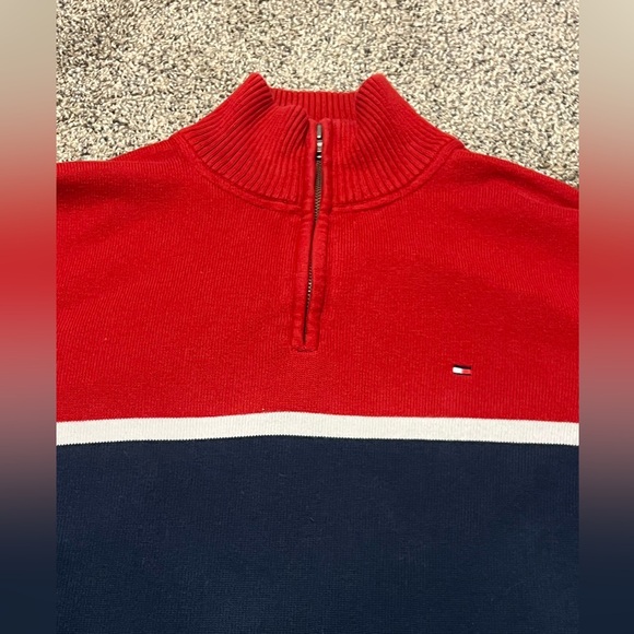 Vintage Tommy Hilfiger Sweater Mens Medium Red & Blue Striped 1/4 Zip Pullover - Picture 4 of 8